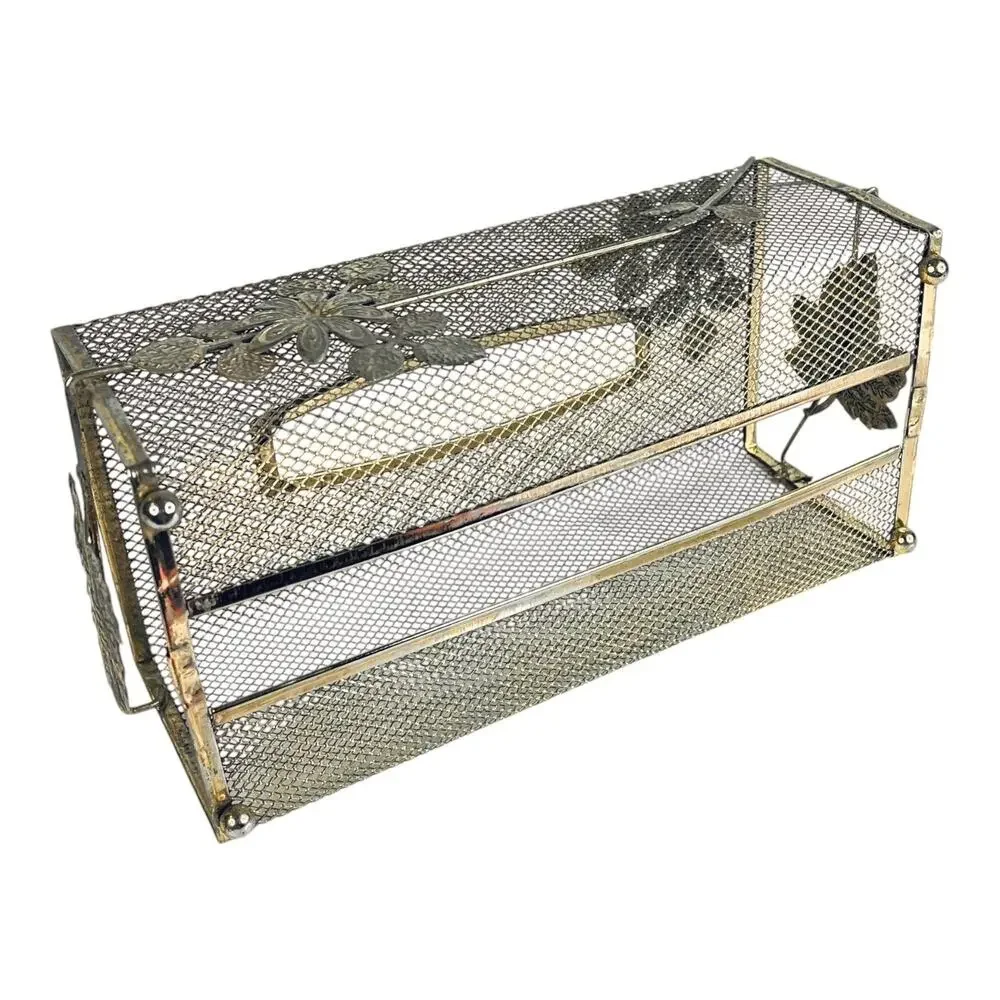 Metal Tissue Box Cover Ball Knob Feet Gold Floral Detail Mcm Mesh Long Box Vtg